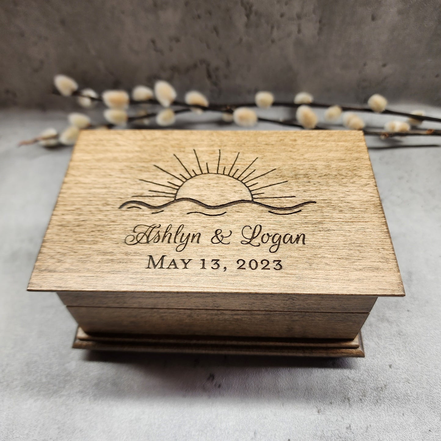 sunset wedding box with sunset design, your names and date engraved on the top, choose your song, color and add a personalized message on the bottom side
