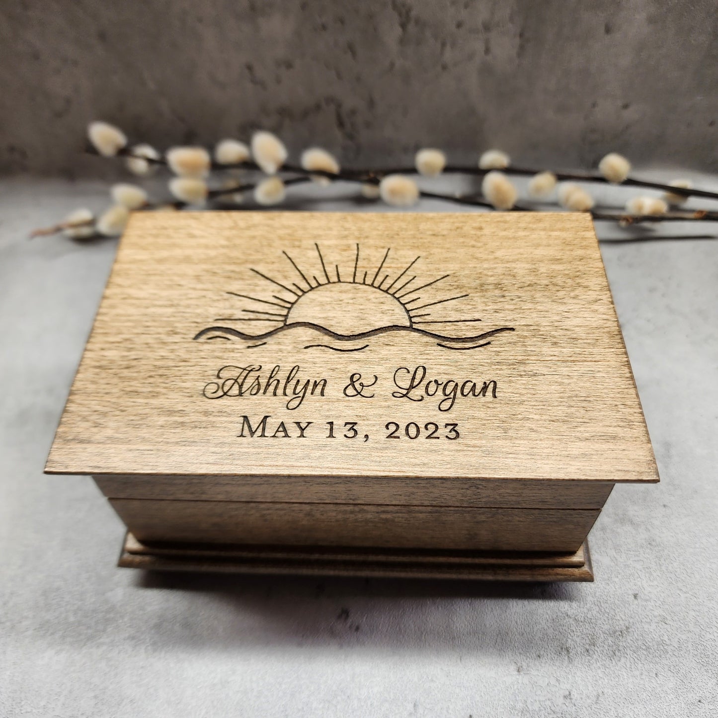 sunset wedding box with sunset design, your names and date engraved on the top, choose your song, color and add a personalized message on the bottom side