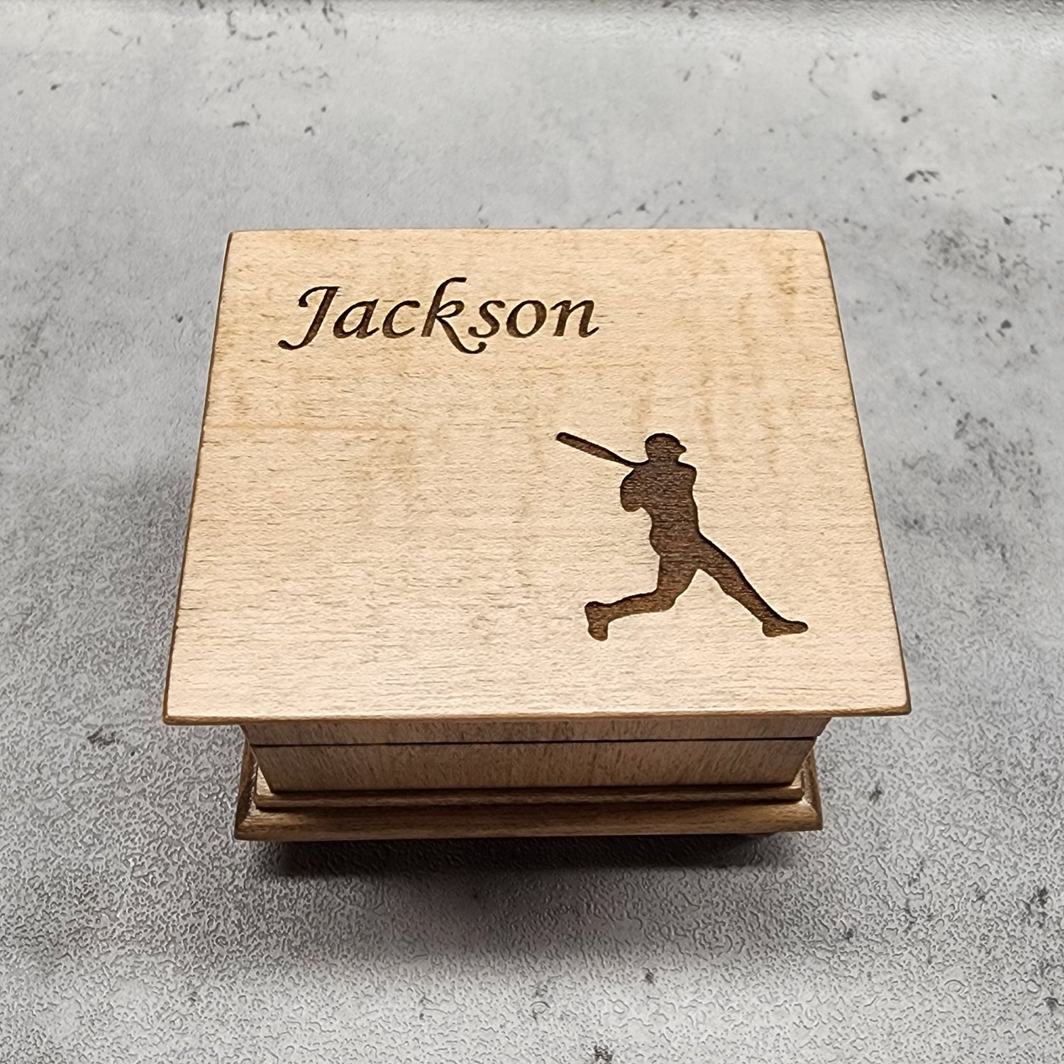 Wooden music box with a name and baseball player silhouette engraved on top, choose song like Take me out to the ballgame and color