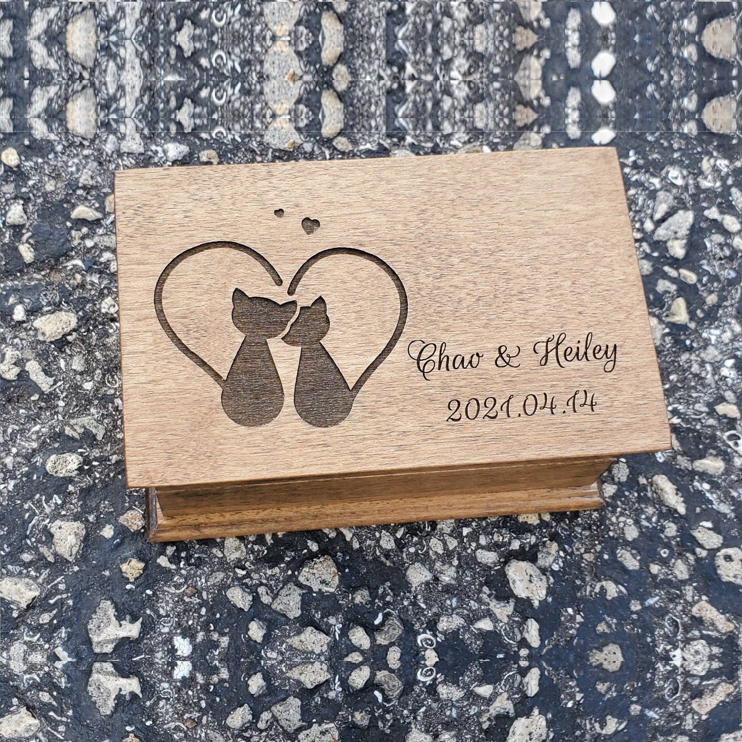 jewelry box with built in music player with 2 cats in a heart engraved on the top along with your names and date, perfect anniversary gift to your cat lover