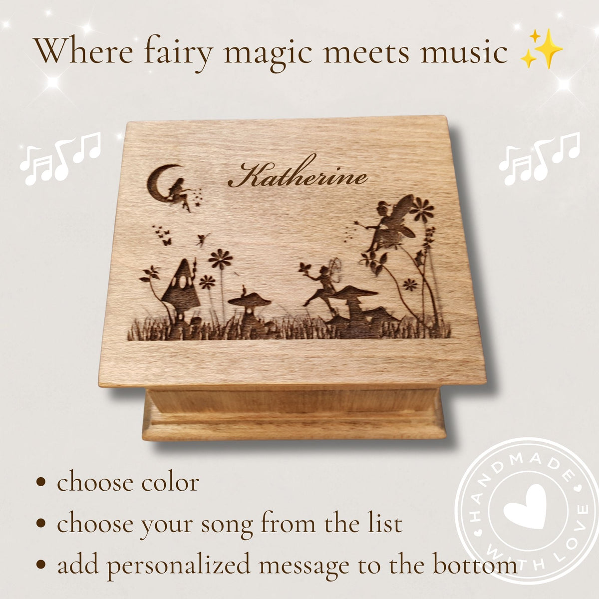 A personalized wooden music box with laser-engraved fairy and moon illustrations, shown on a light beige background with promotional text and decorative music note graphics.