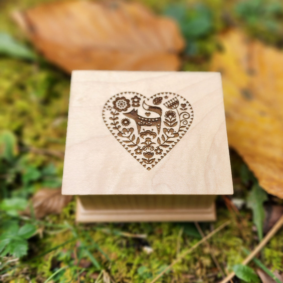 Folk Art Heart Music Box – Fox & Floral Wooden Keepsake, Nature-Inspired Desk Decor, Choose Your Song