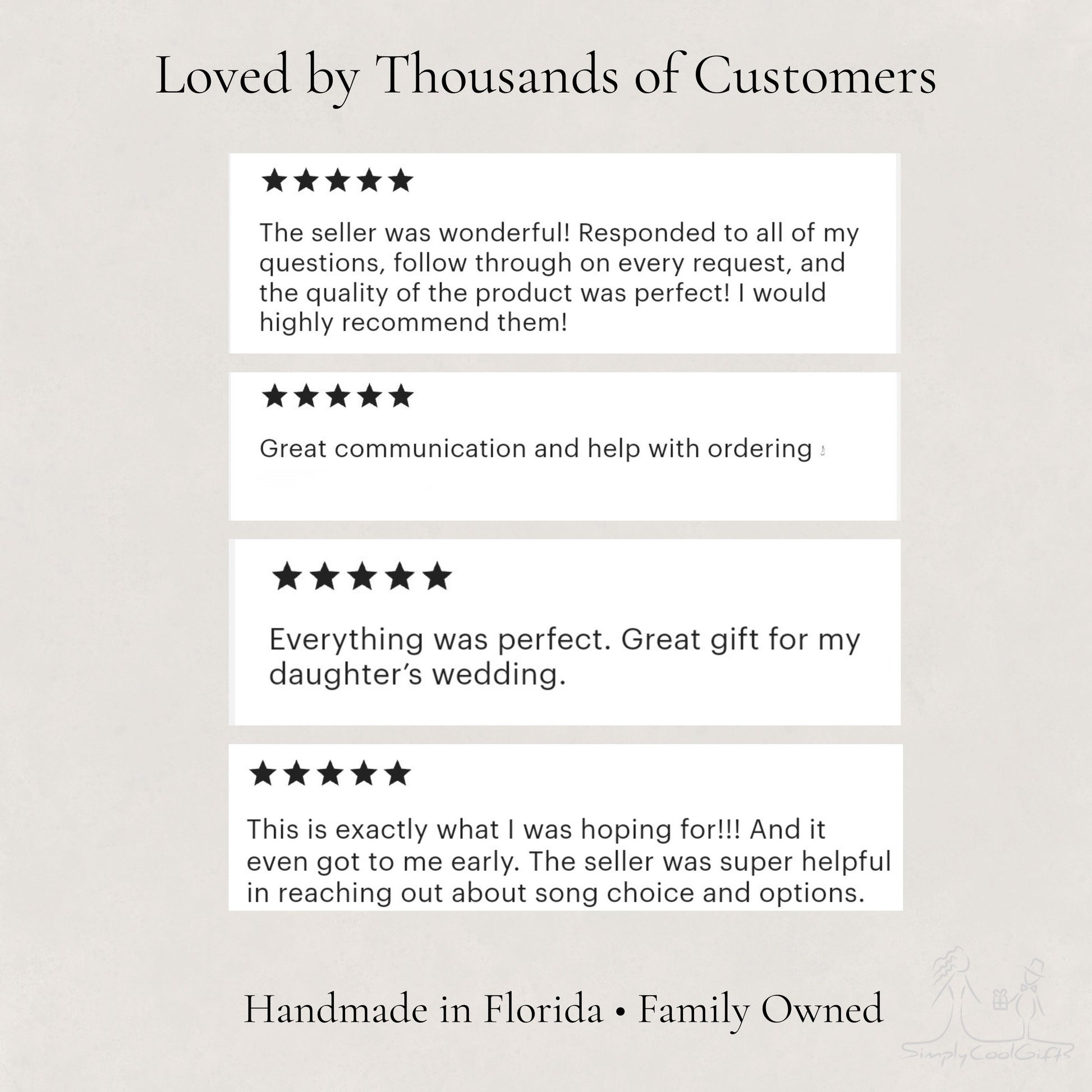 Five-star reviews from satisfied customers on a light gray background with text about handmade music boxes from Florida.