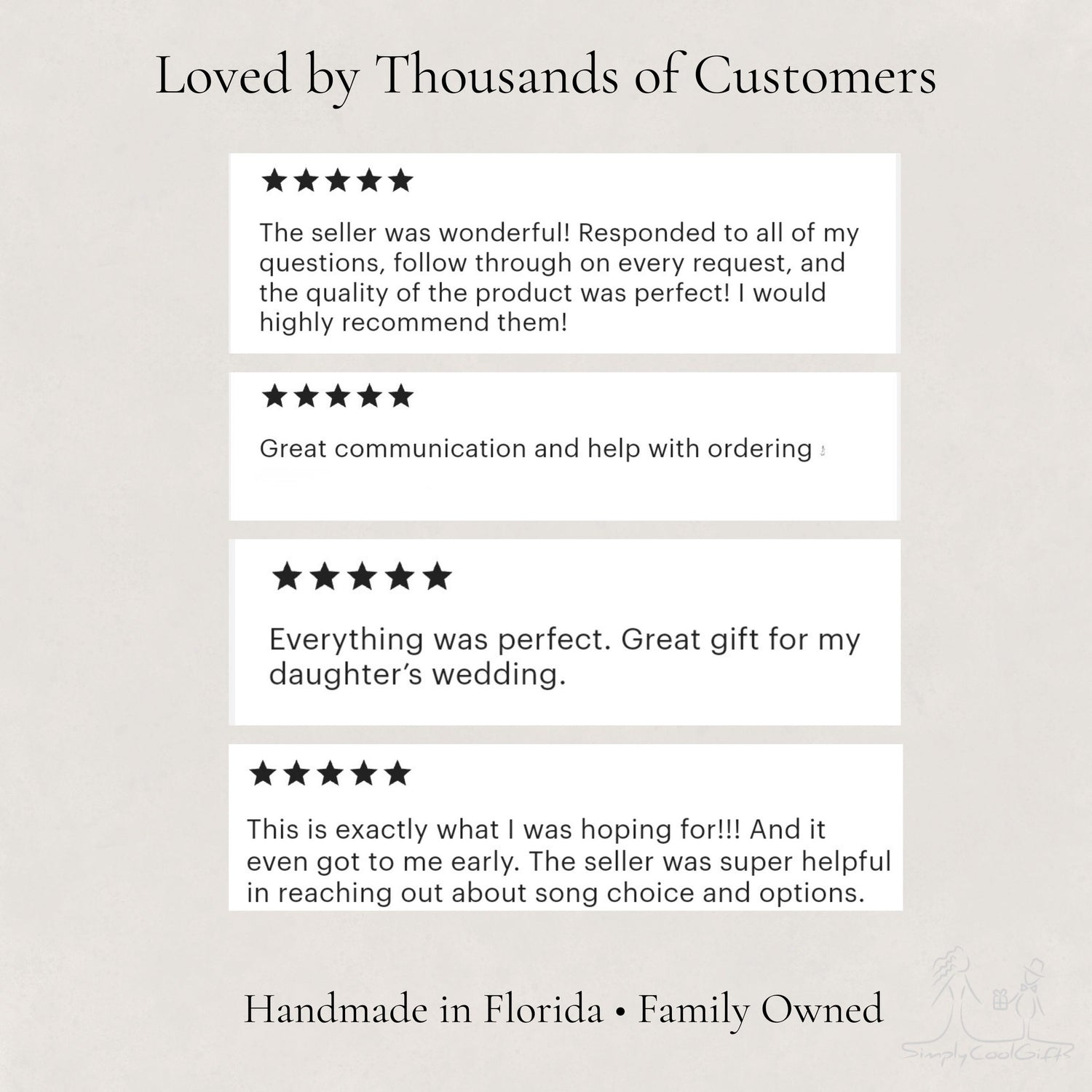 Five-star reviews from satisfied customers on a light gray background with text about handmade music boxes from Florida.