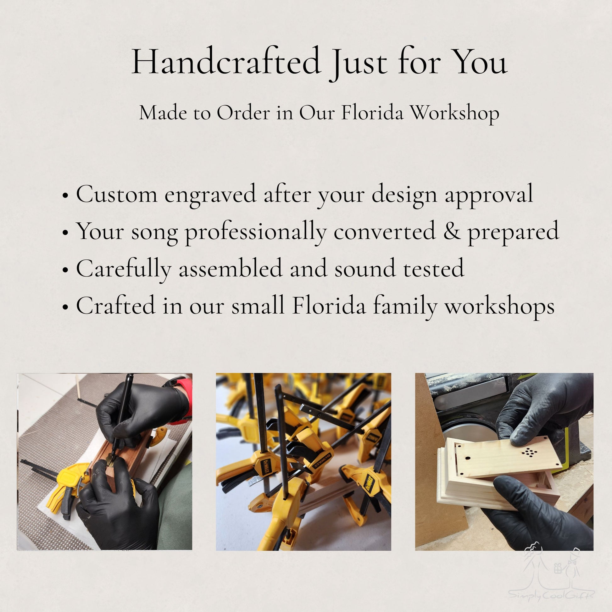 Advertisement for handcrafted products made in a Florida workshop with text about custom engraving and assembly.