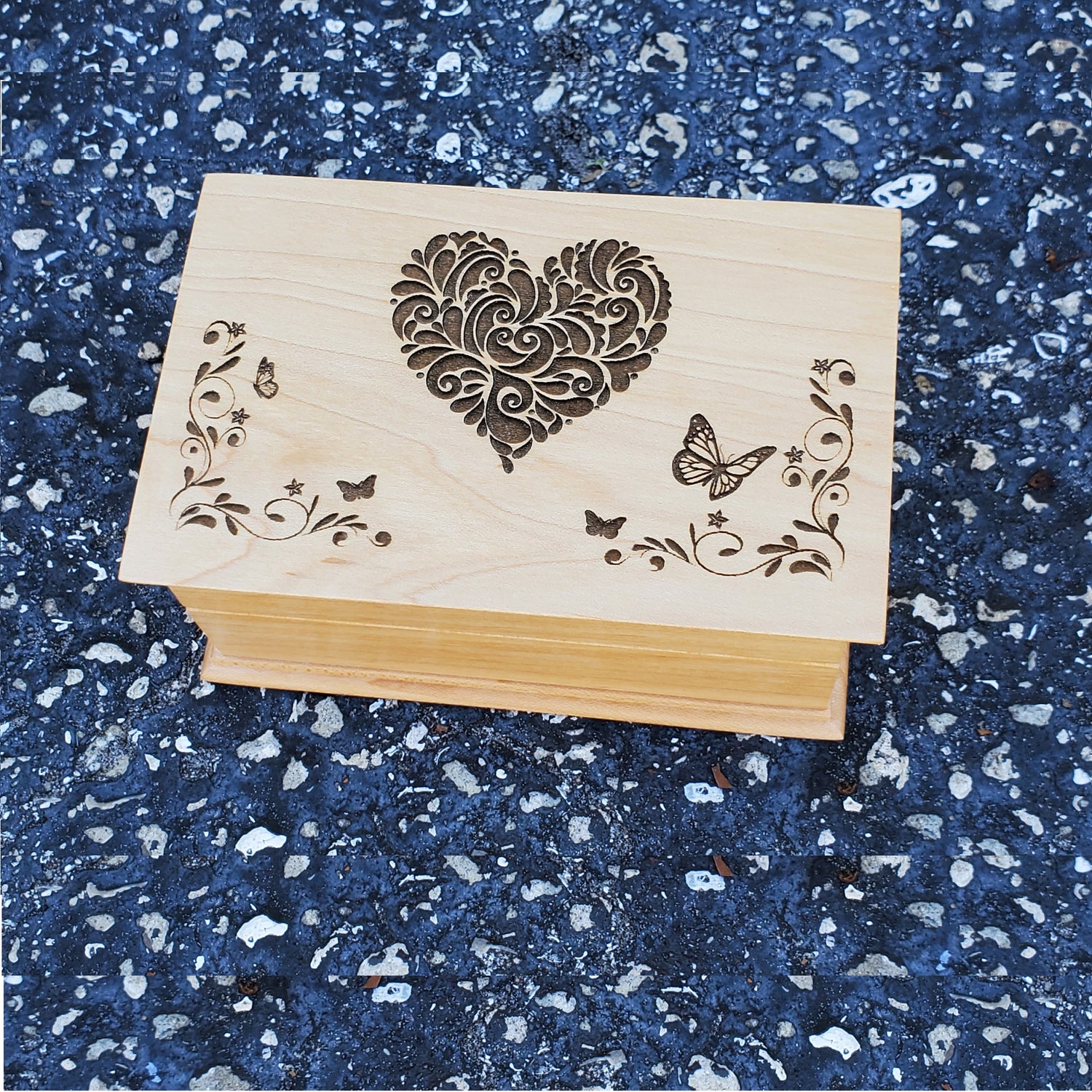 heart and butterflies engraved wooden jewelry box with music player inside, choose song, color add personalized message, music box shop. music box attic, simplycoolgifts, 