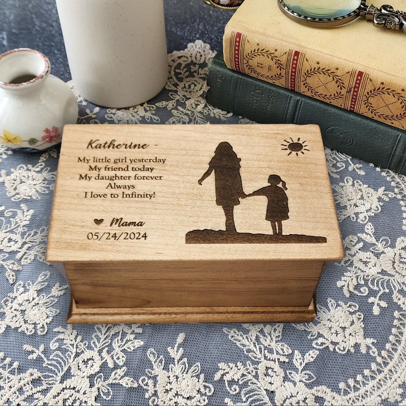 Mom and daughter jewelry box with personalized engraving and custom song choice