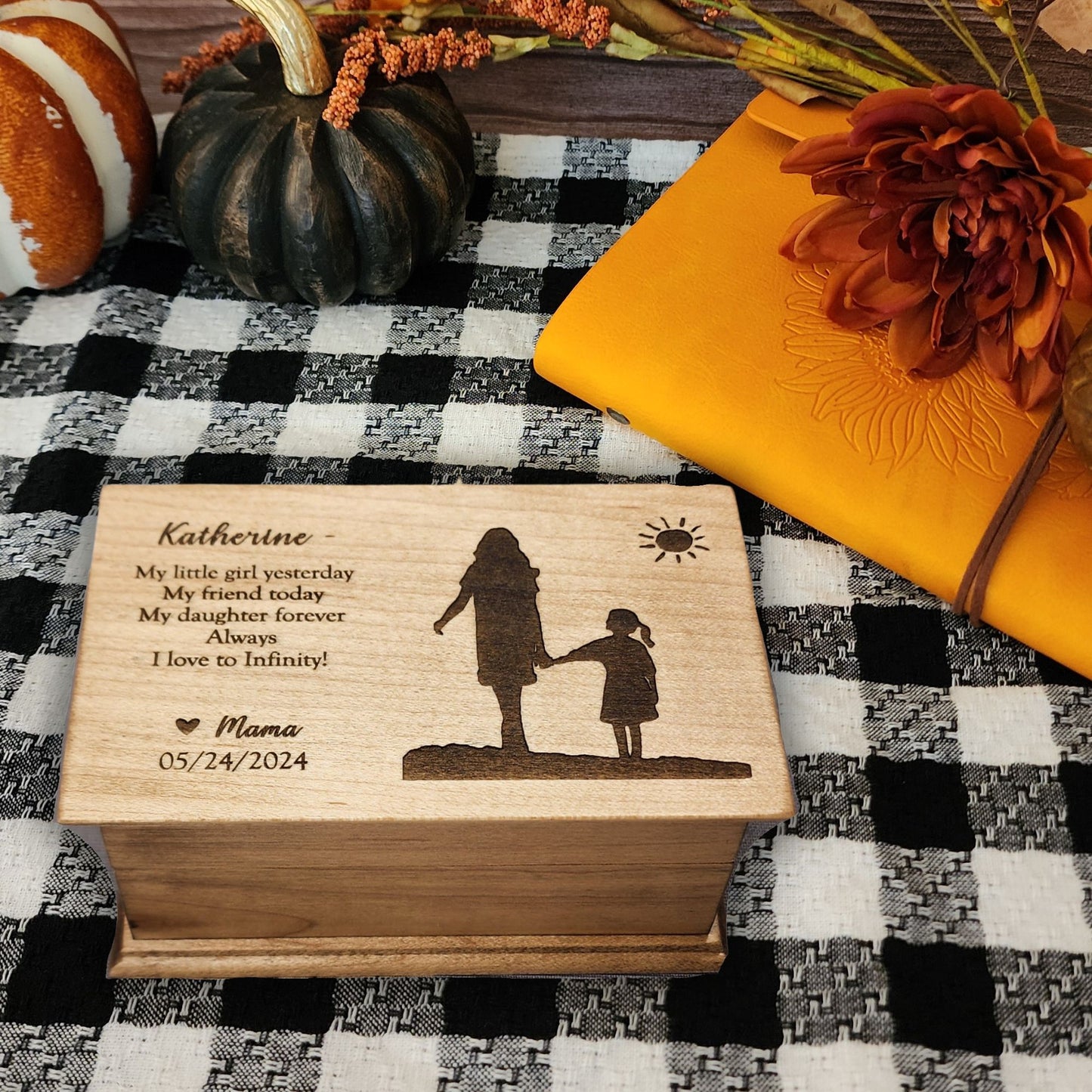 Custom maple wood music box gift from mom to daughter with engraved name and date, sentimental keepsake box