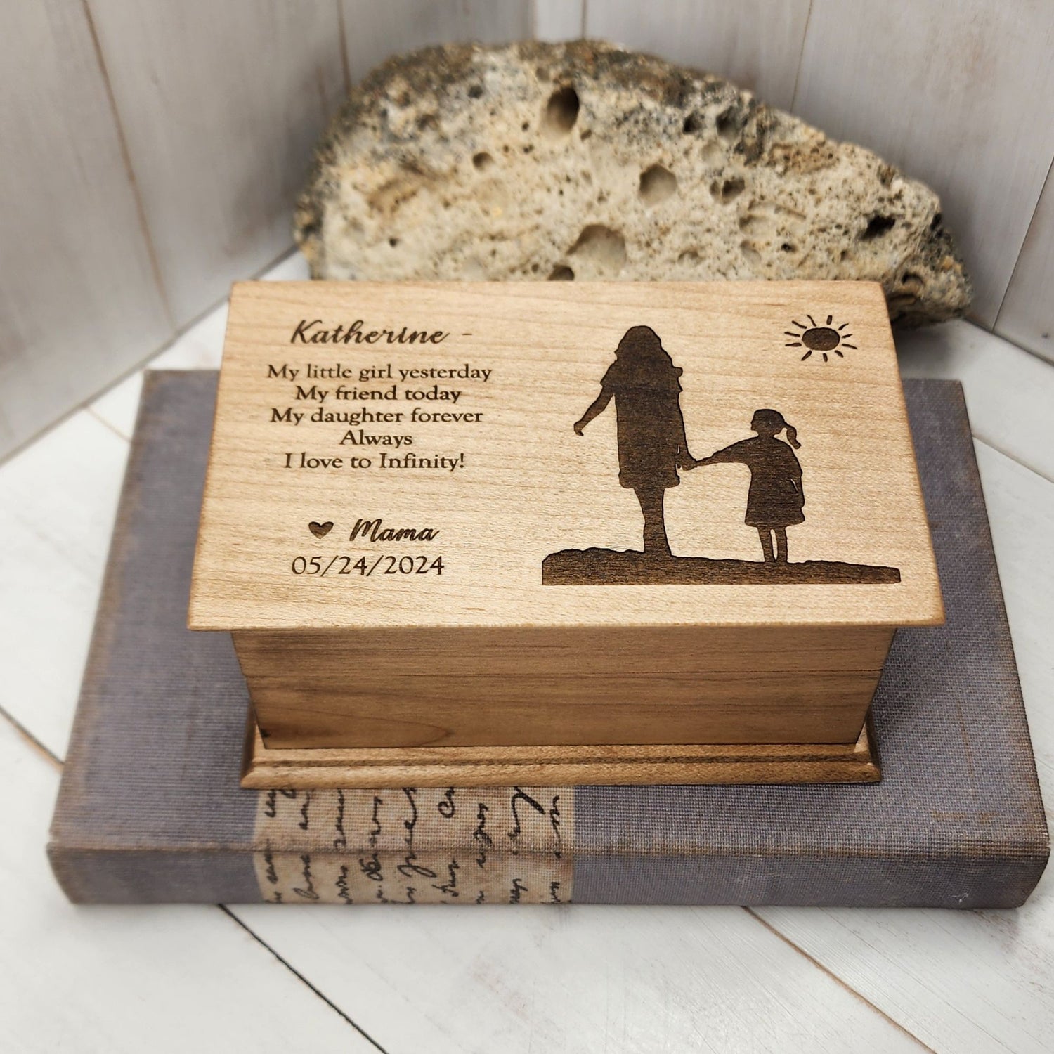 Custom maple wood music box gift from mom to daughter with engraved name and date, sentimental keepsake box
