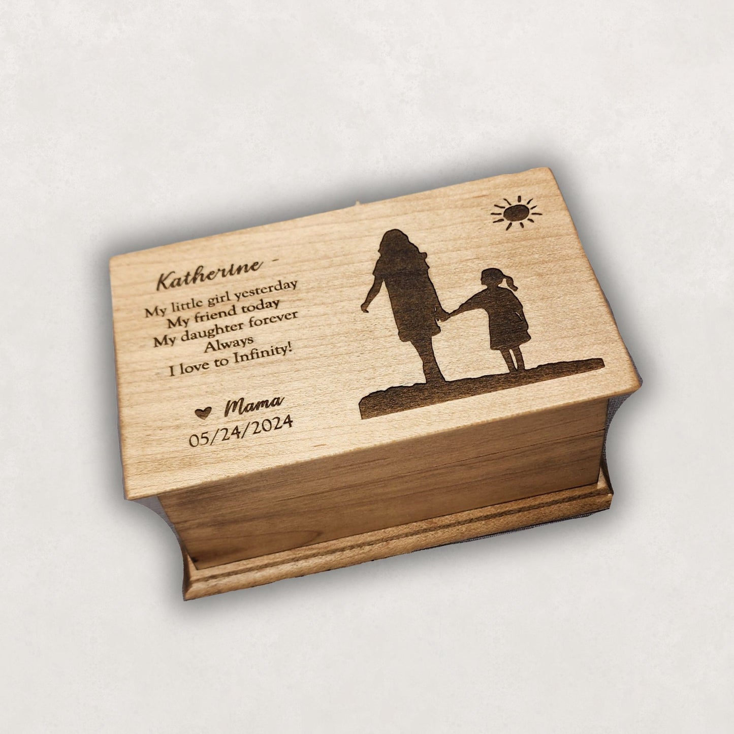 Custom maple wood music box gift from mom to daughter with engraved name and date, sentimental keepsake box