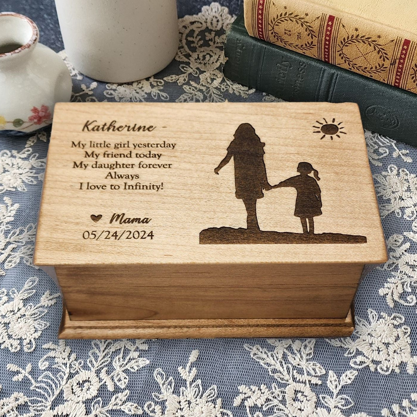 Personalized wooden music box engraved with mother and daughter holding hands silhouette and heartfelt quote, handmade in USA by SimplyCoolGifts