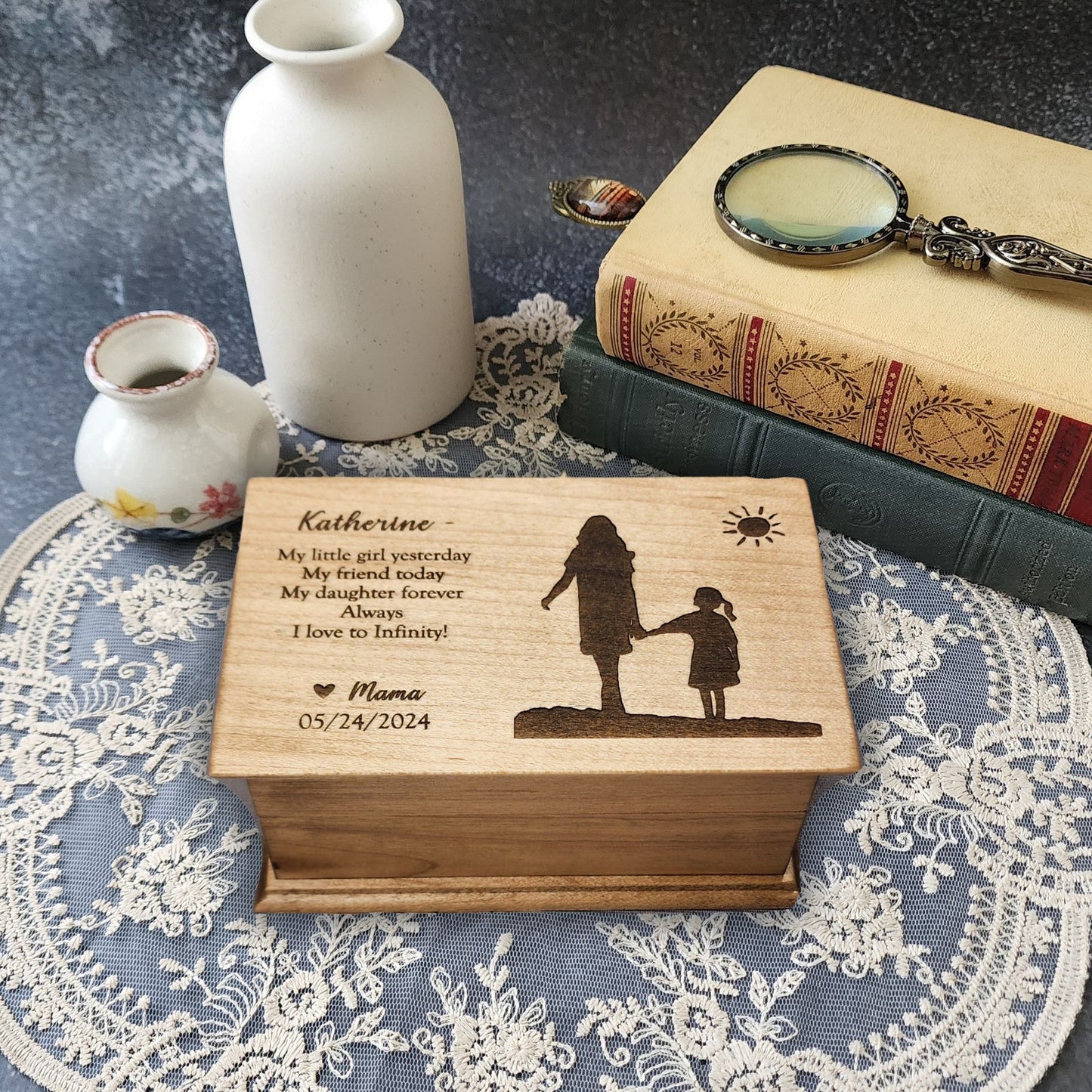 Personalized wooden music box engraved with mother and daughter holding hands silhouette and heartfelt quote, handmade in USA by SimplyCoolGifts