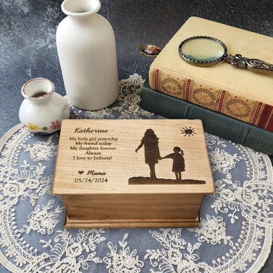 Personalized wooden music box engraved with mother and daughter holding hands silhouette and heartfelt quote, handmade in USA by SimplyCoolGifts