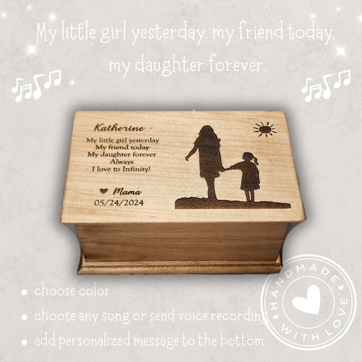 Personalized wooden music box engraved with mother and daughter holding hands silhouette and heartfelt quote, handmade in USA by SimplyCoolGifts