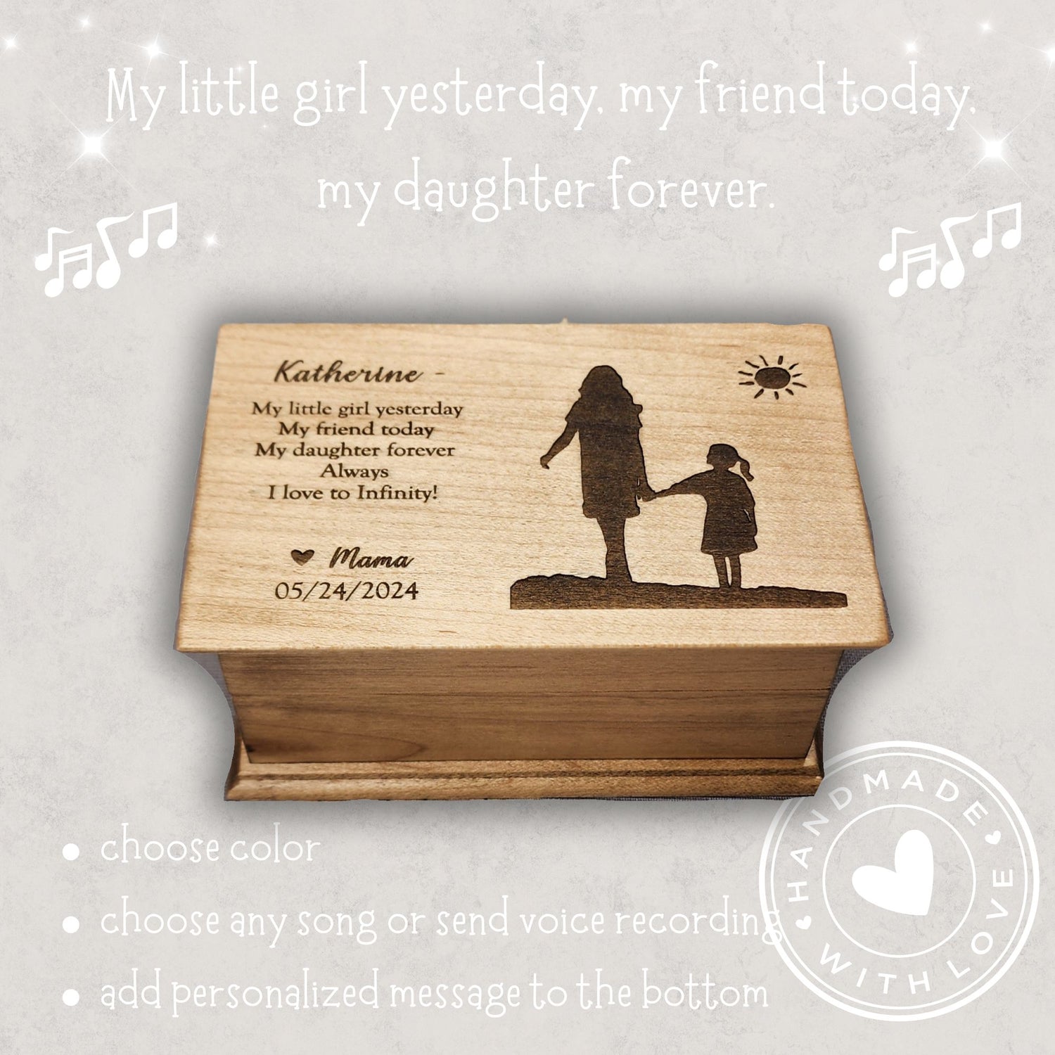 Personalized wooden music box engraved with mother and daughter holding hands silhouette and heartfelt quote, handmade in USA by SimplyCoolGifts