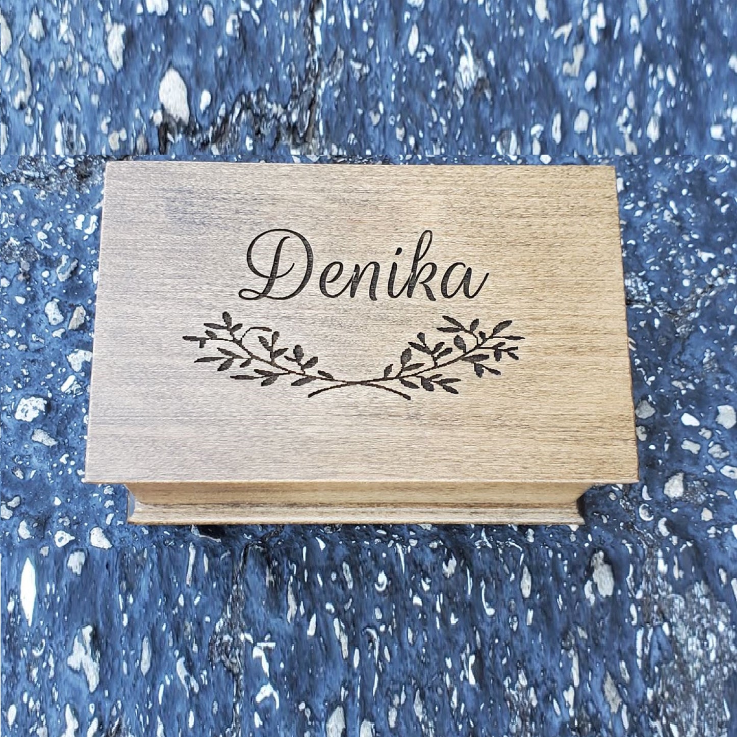 wooden jewelry box with name engraved about with some olive branches underneath, choose color, song, personalize, music box shop, custom made music box