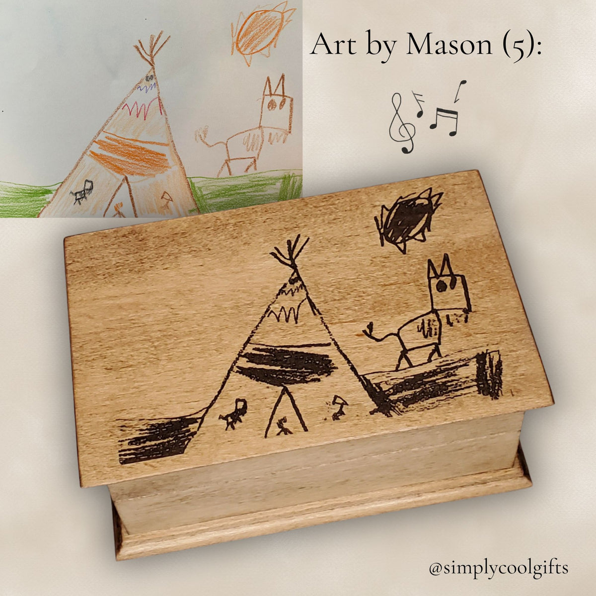 Kids Drawing Jewelry Music Box with Voice Recording – Custom Child Artwork Engraved Keepsake Box for Mom – Personalized Gift from Kids