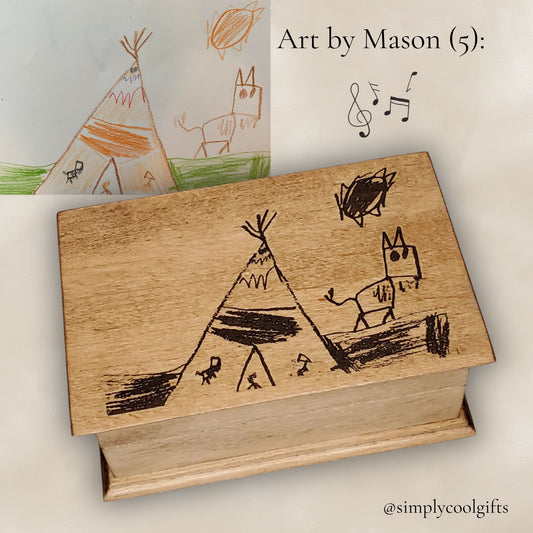 Kids Drawing Jewelry Music Box with Voice Recording – Custom Child Artwork Engraved Keepsake Box for Mom – Personalized Gift from Kids
