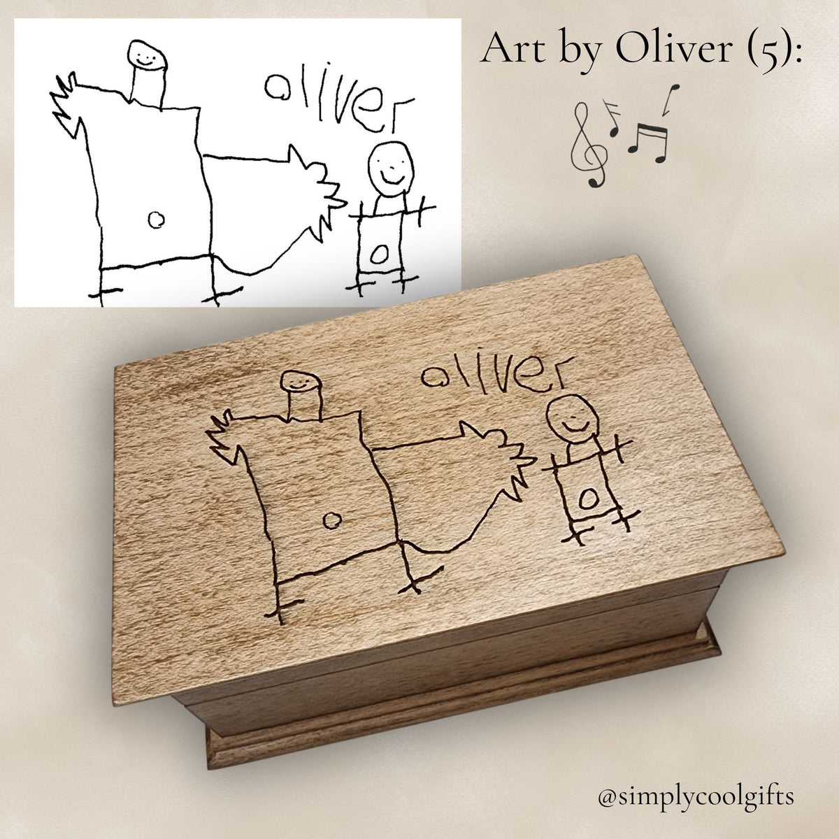 Wooden jewelry box with engraved stick figure drawing and 'Oliver' name, inspired by child's artwork.