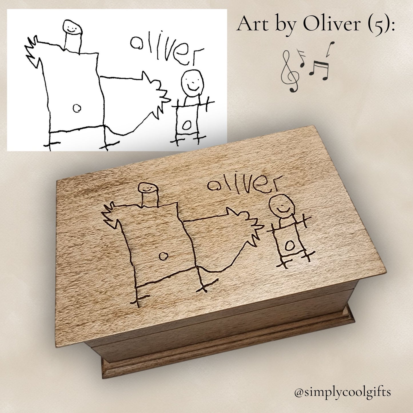 Wooden jewelry box with engraved stick figure drawing and 'Oliver' name, inspired by child's artwork.