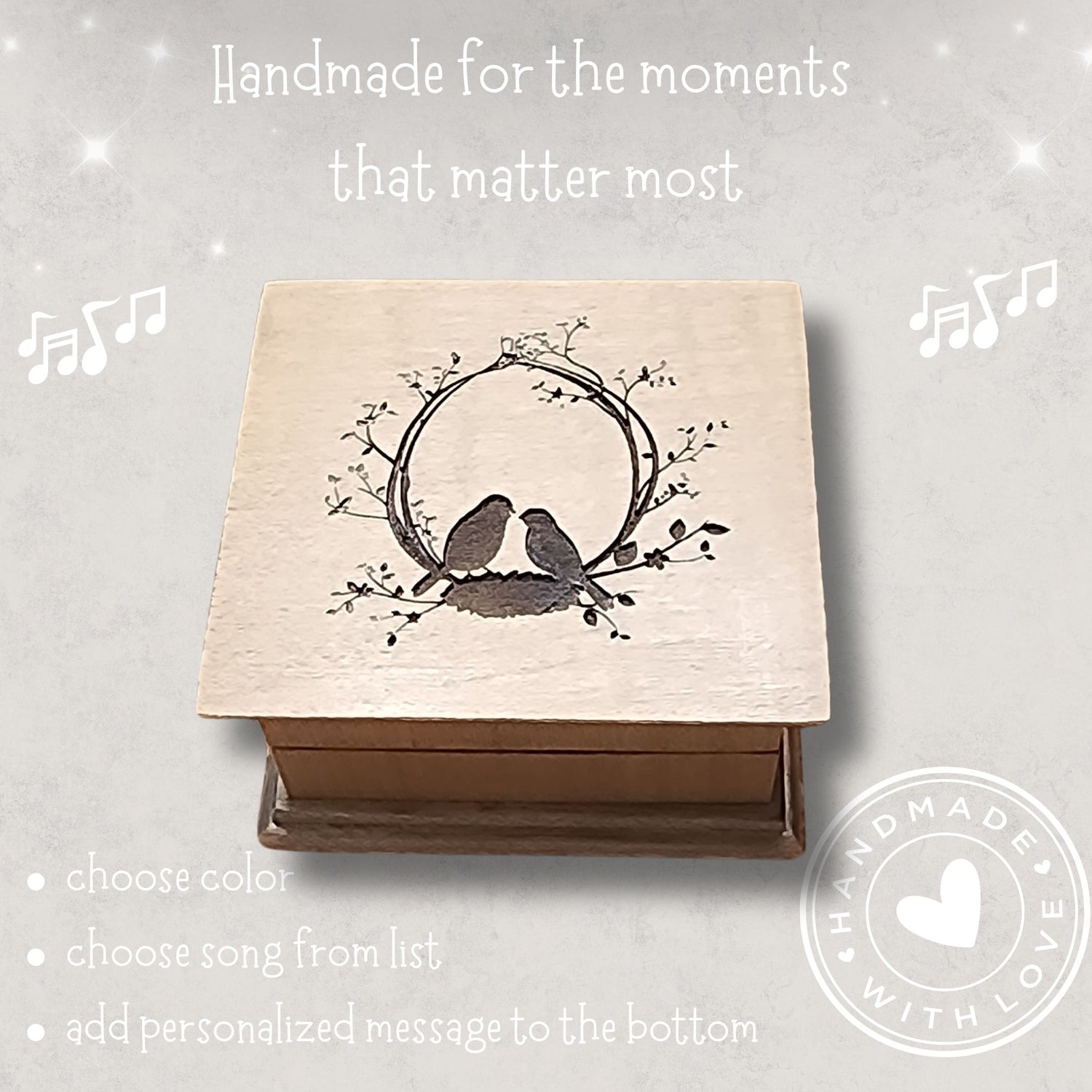 Custom wooden wind-up music box with love birds engraving, available in 16 colors and personalized with a song choice and bottom engraving.