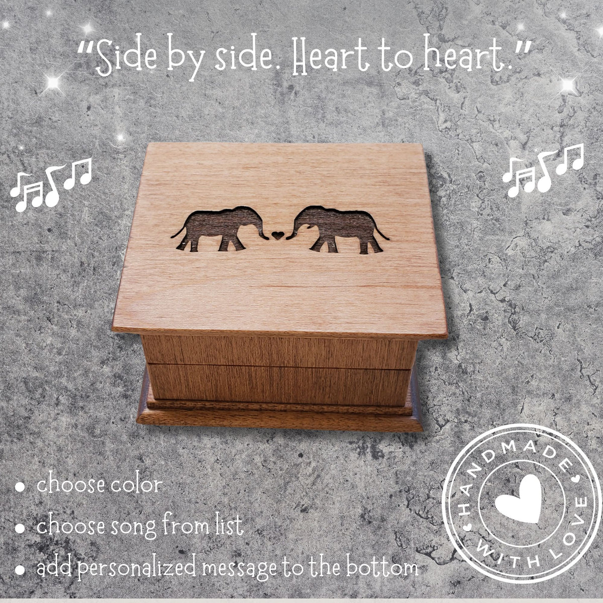 Romantic elephant couples wind up music box engraved with two elephants forming a heart on wooden lid