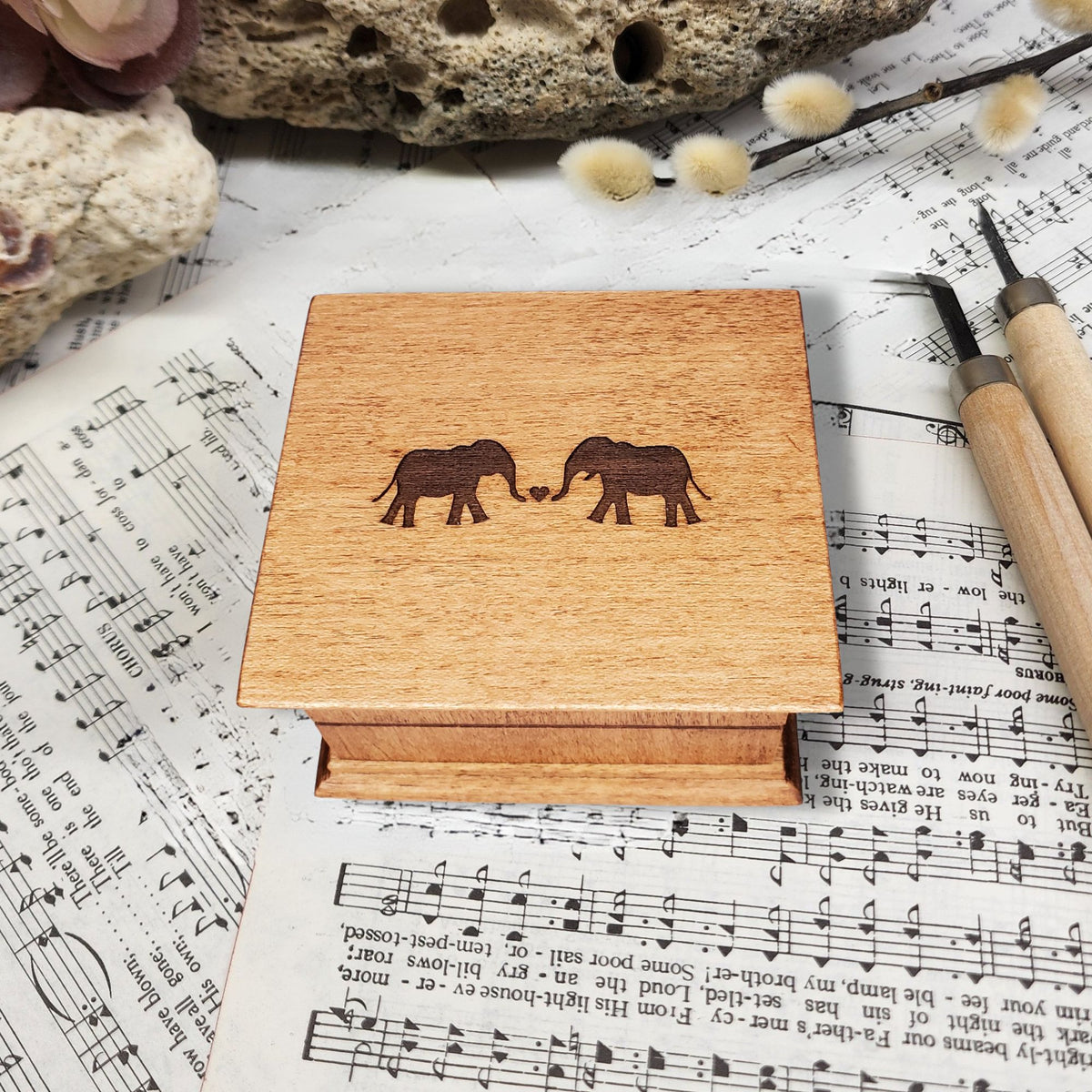 Elephant Couples Music Box – Romantic Anniversary Gift – Wind Up Wooden Box – Choose Song & Color – Personalized Engraved Keepsake