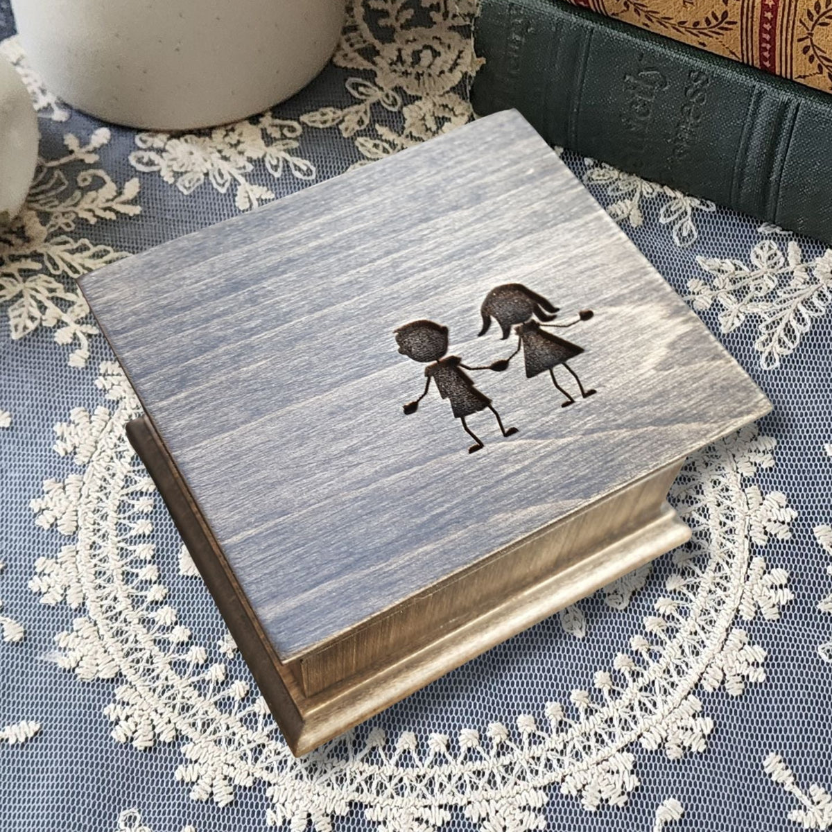 personalized wooden music box children holding hands engraving