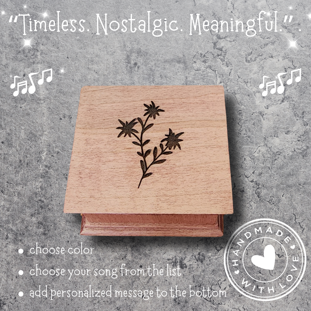 Wooden music box with floral design on a gray background, featuring text about personalization.