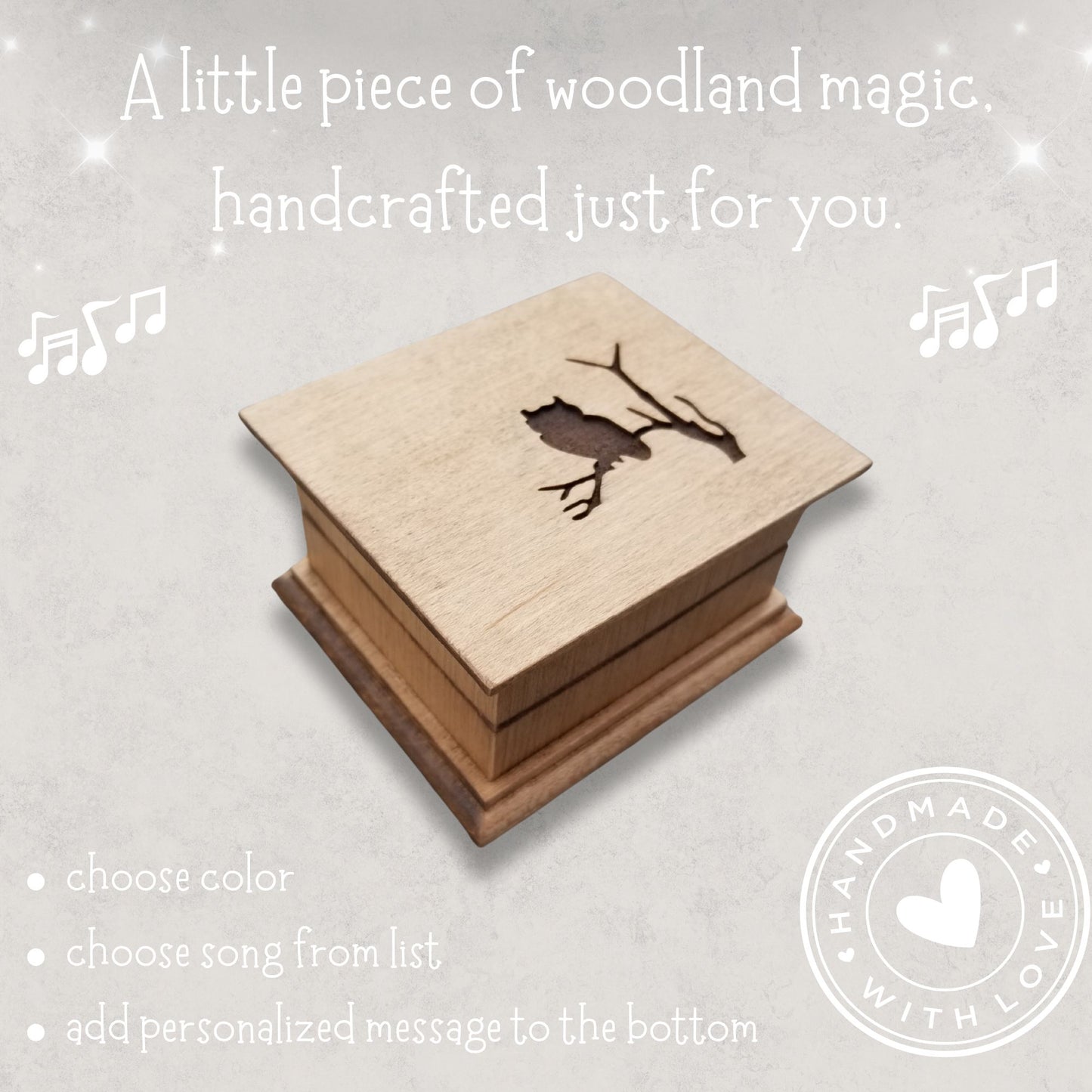 Wooden box with bird silhouette on a light gray background, featuring text about customization. Choice of 80 songs, 16 colors and option to add a personalized message. Handmade with Love sticker on the right corner
