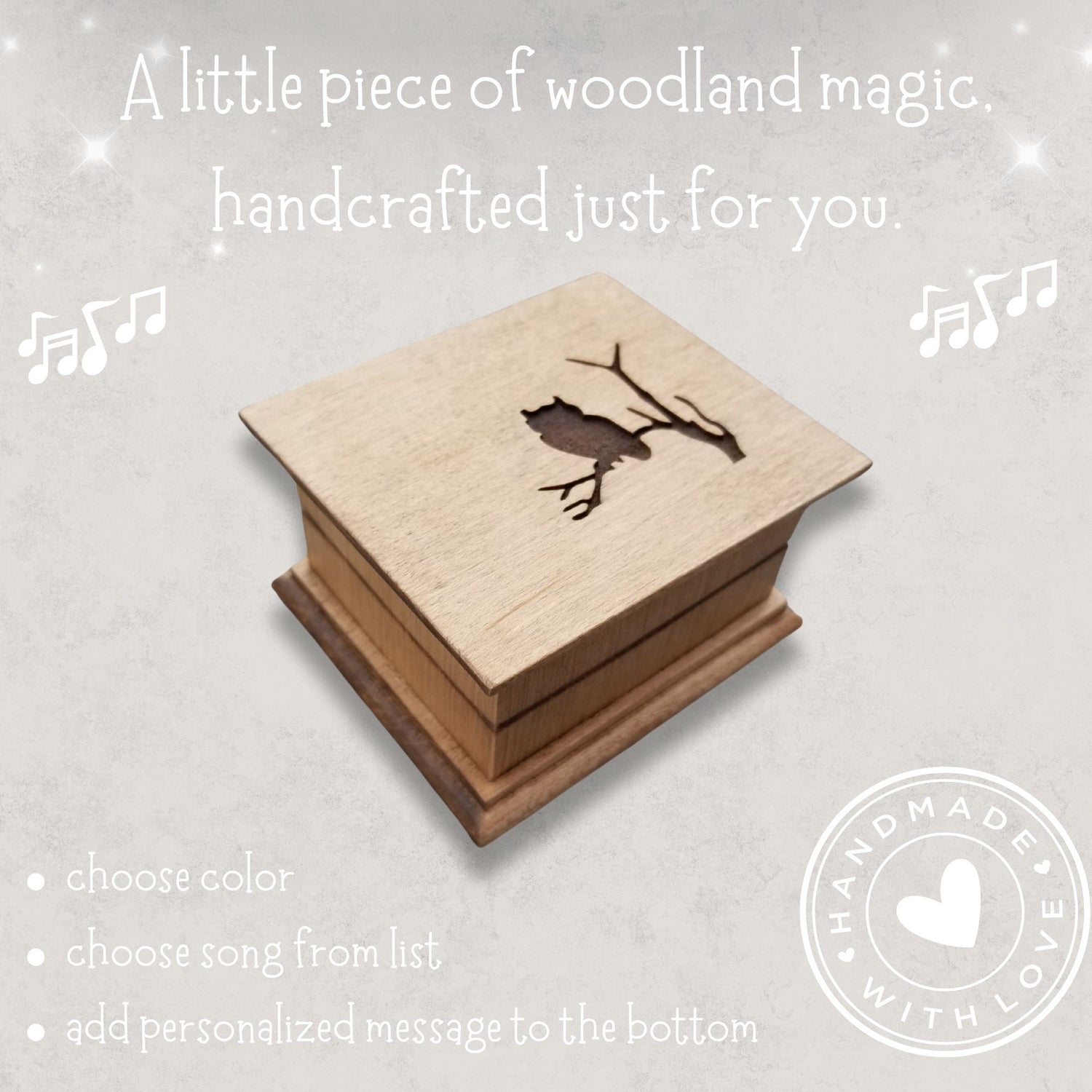Wooden box with bird silhouette on a light gray background, featuring text about customization. Choice of 80 songs, 16 colors and option to add a personalized message. Handmade with Love sticker on the right corner
