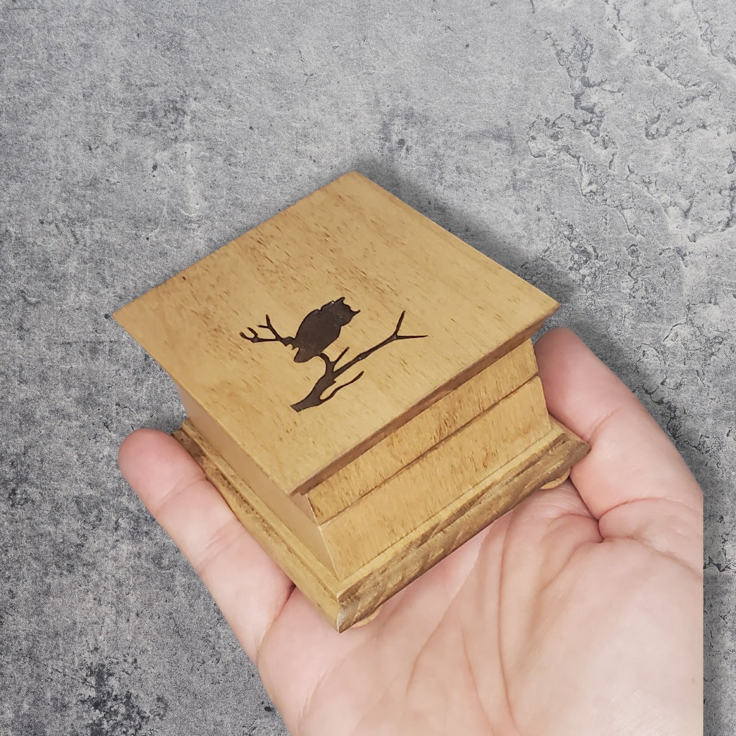 Wooden Music box with an owl design engraved on top held in a hand against a gray concrete background