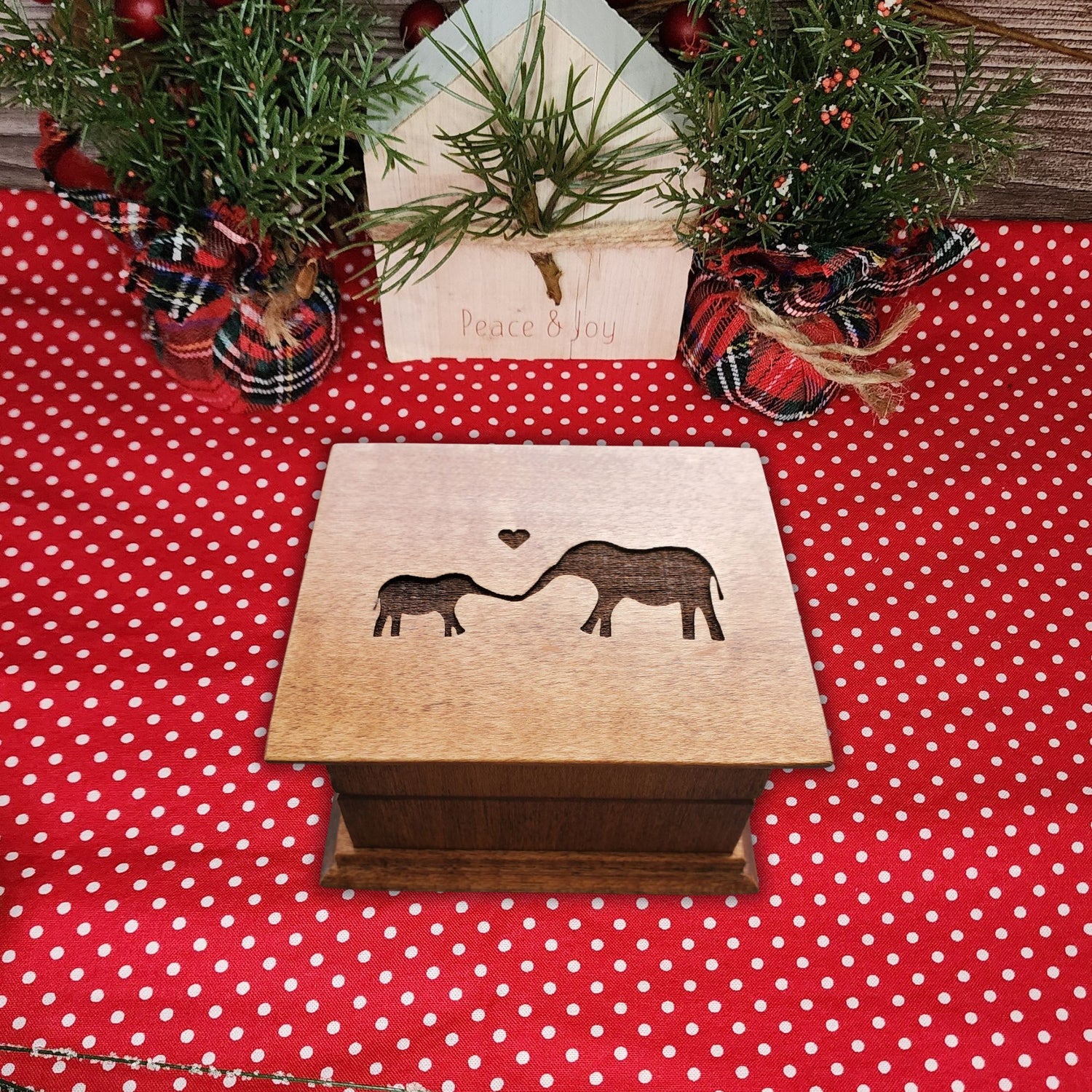 Wooden baby elephant music box engraved with mother and baby elephant design, personalized gift with custom song and color options, handmade in USA