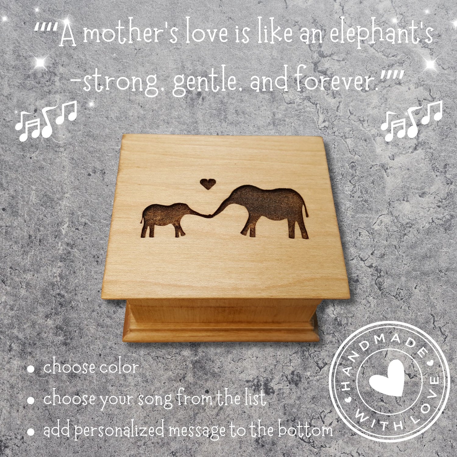 Wooden baby elephant music box engraved with mother and baby elephant design, personalized gift with custom song and color options, handmade in USA