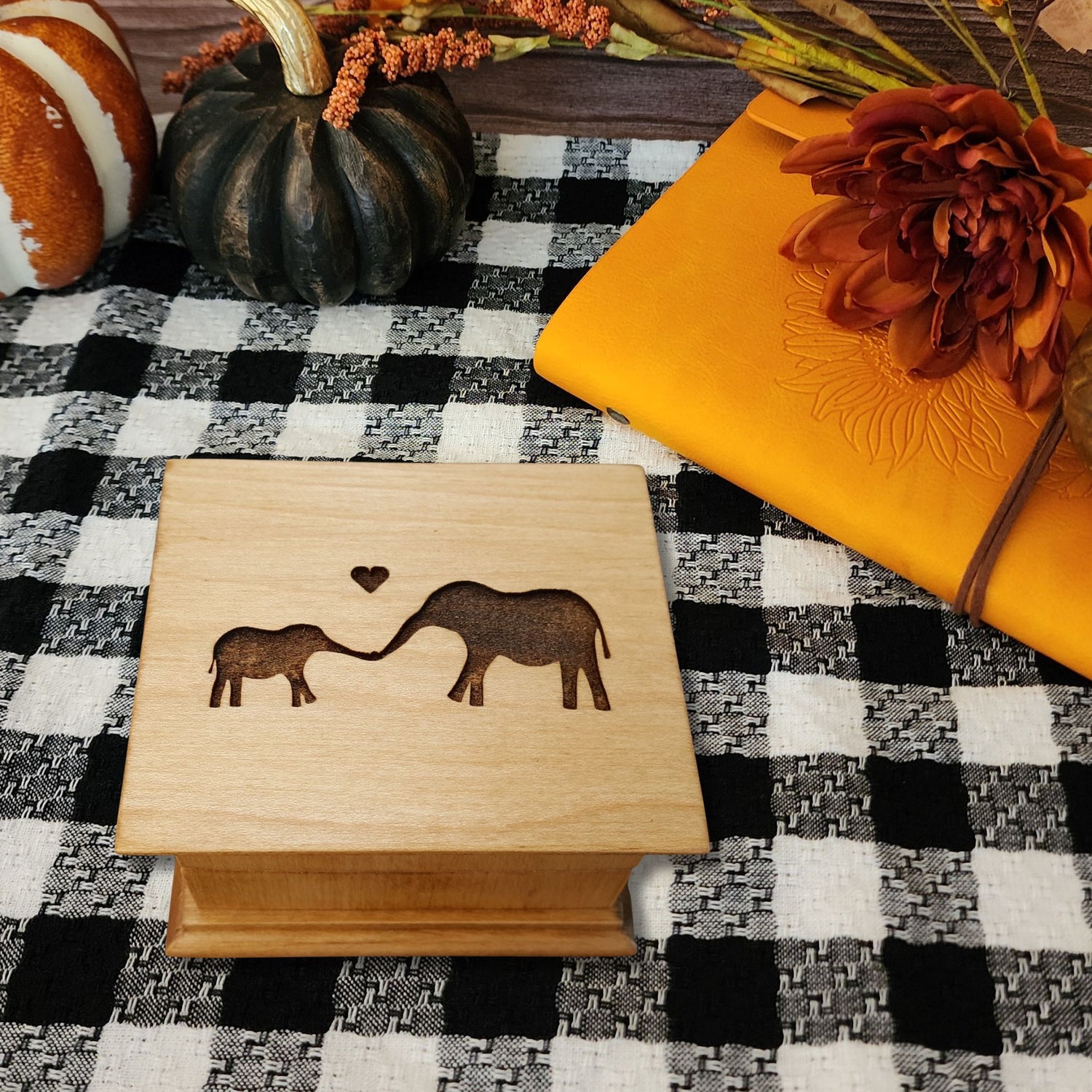 Handmade baby elephant music box personalized with engraved mom and baby elephant and heart design, custom engraved keepsake gift for baby shower or new mom