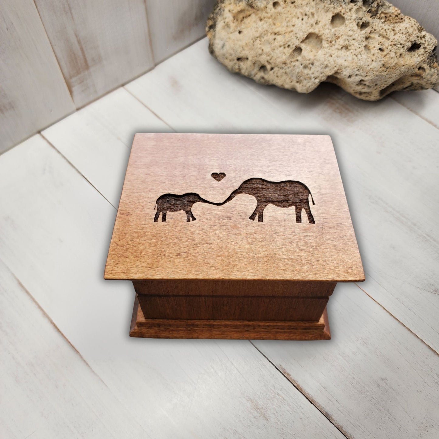 Handmade baby elephant music box personalized with engraved mom and baby elephant and heart design, custom engraved keepsake gift for baby shower or new mom