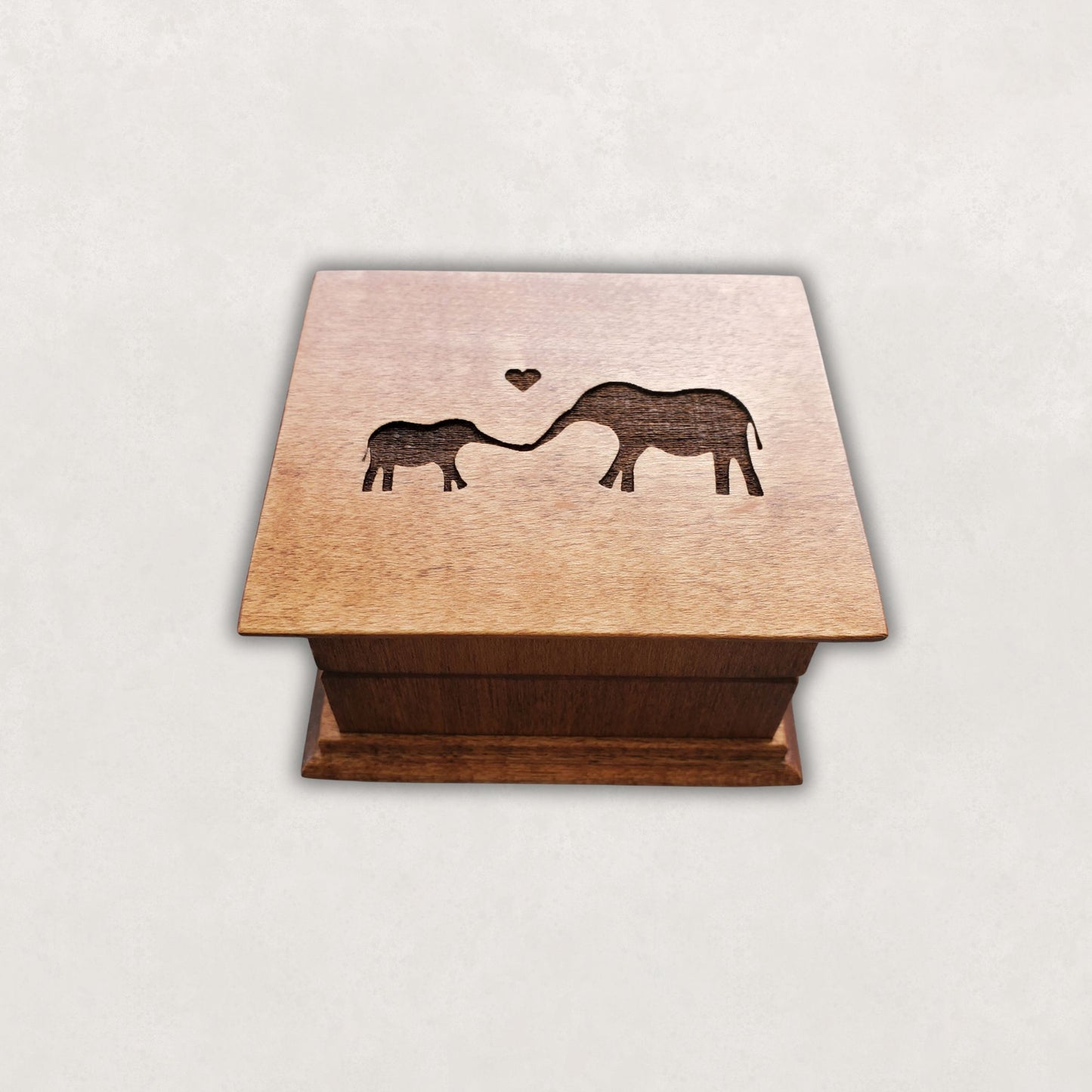 Handmade baby elephant music box personalized with engraved mom and baby elephant and heart design, custom engraved keepsake gift for baby shower or new mom