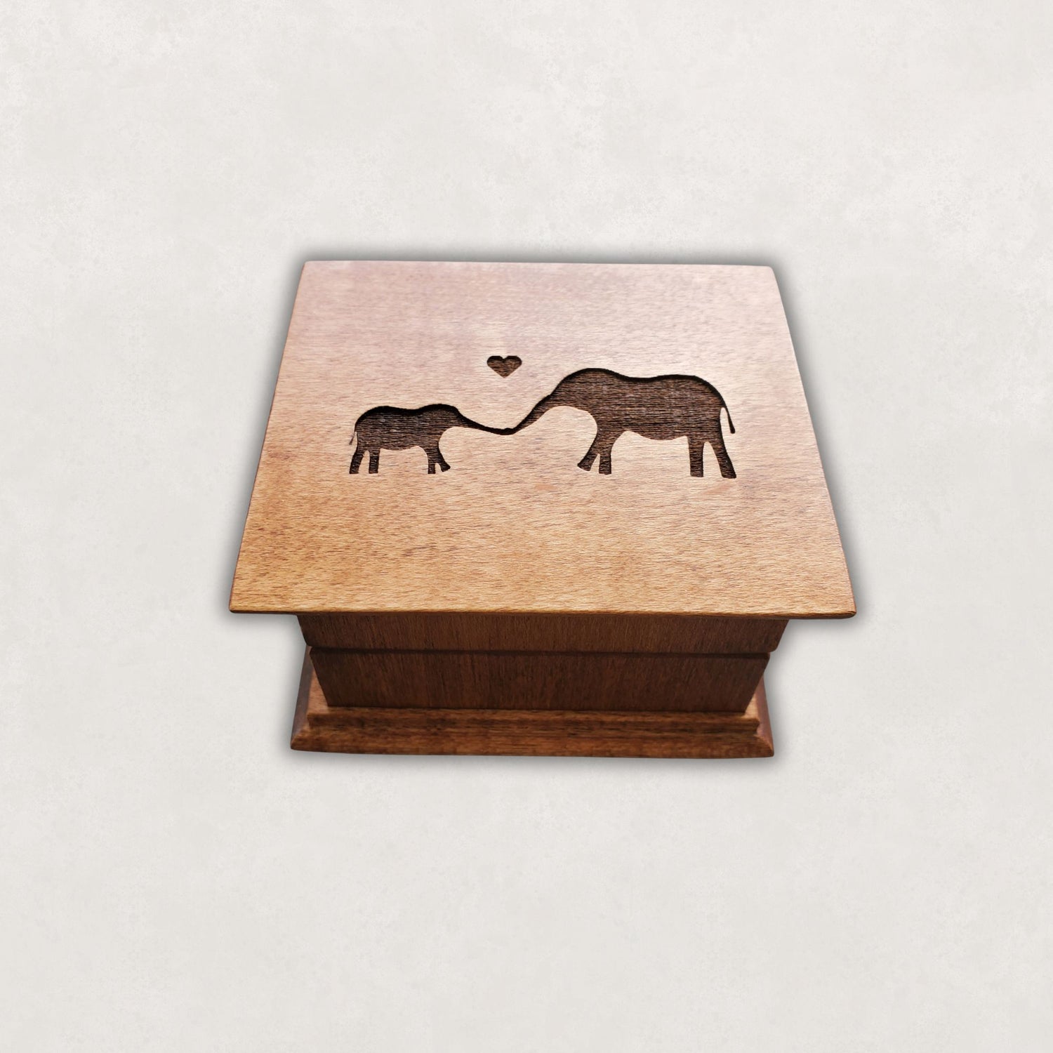 Handmade baby elephant music box personalized with engraved mom and baby elephant and heart design, custom engraved keepsake gift for baby shower or new mom