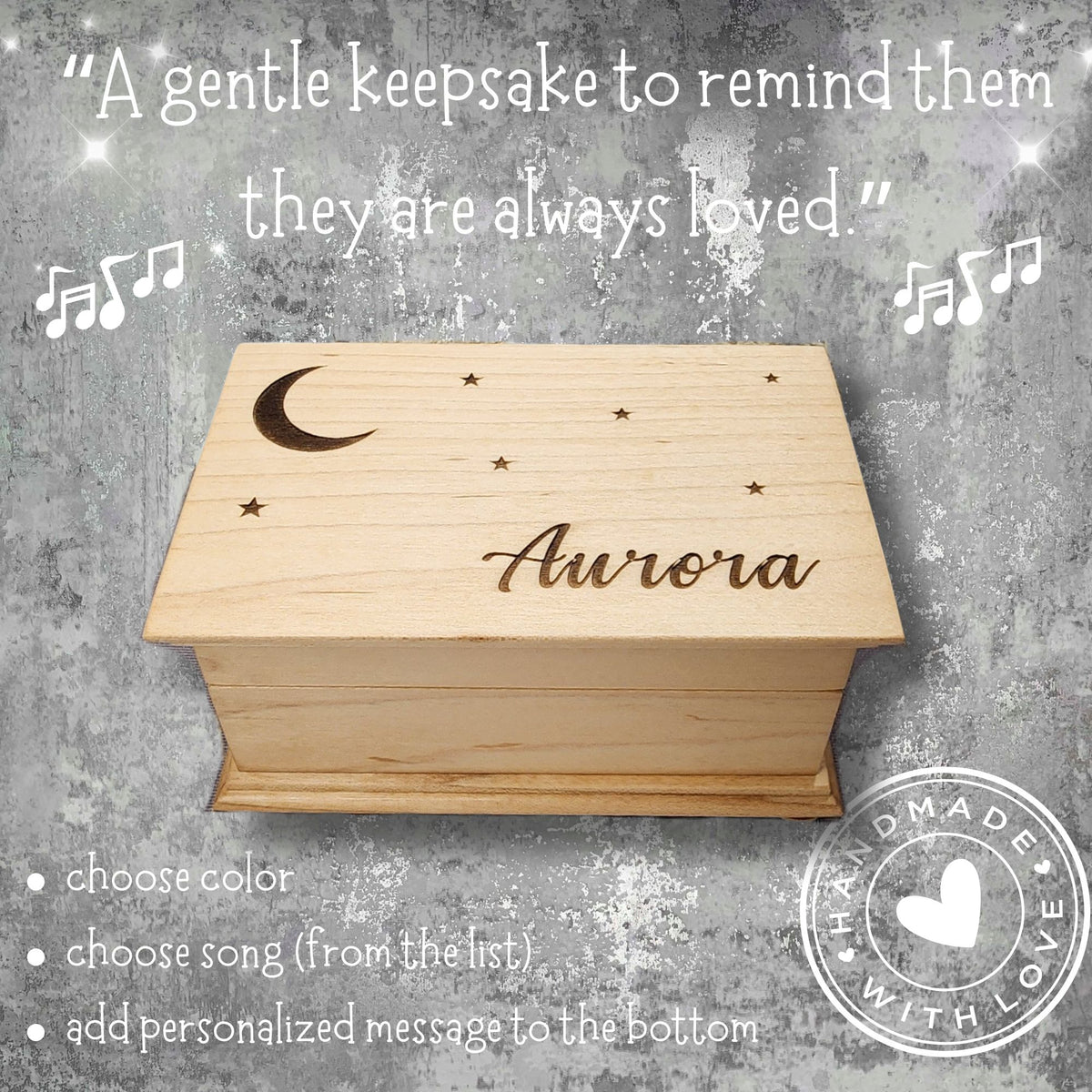 music box with jewelry compartment with moon and stars along with name engraving in flowy cursive font 