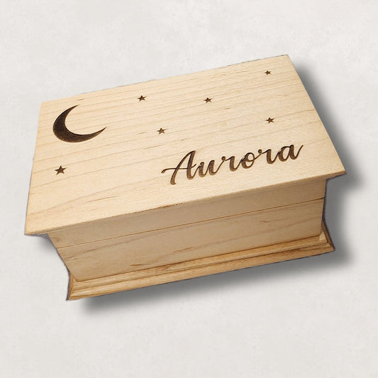 music box with stars, moon and a name engraved on the top  in maple color, choose from 16 colors, 80 songs, add a personalized message to create a one-of-a-kind keepsake