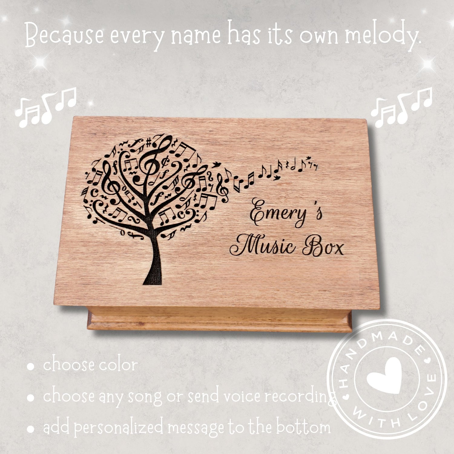 Personalized wooden jewelry box with engraved music tree design and name ‘Emery’s Music Box,’ handcrafted custom song box in natural wood color
