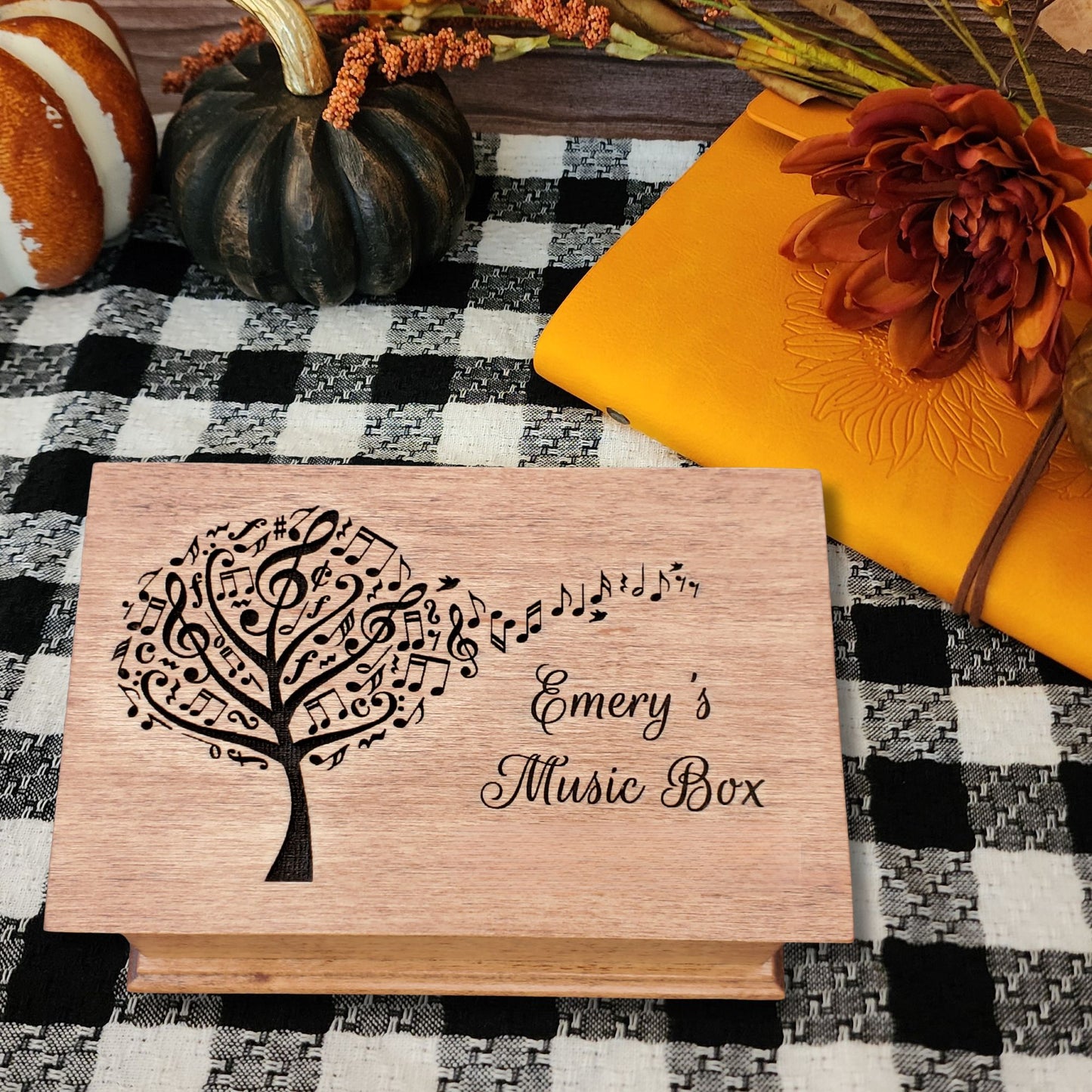 Personalized wooden jewelry box with engraved music tree design and name ‘Emery’s Music Box,’ handcrafted custom song box in natural wood color