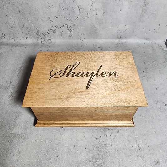 wooden jewelry box with name engraved on top, choose color, add song