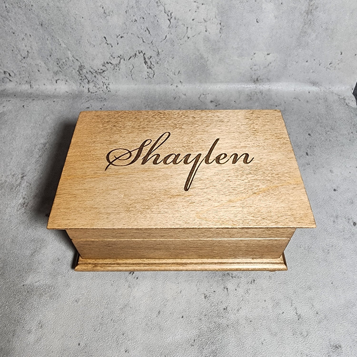 wooden jewelry box with name engraved on top, choose color, add song