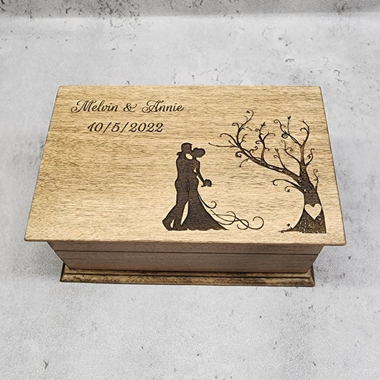 Jewelry Box with wedding couple, names and date engraved on top, choose color and song