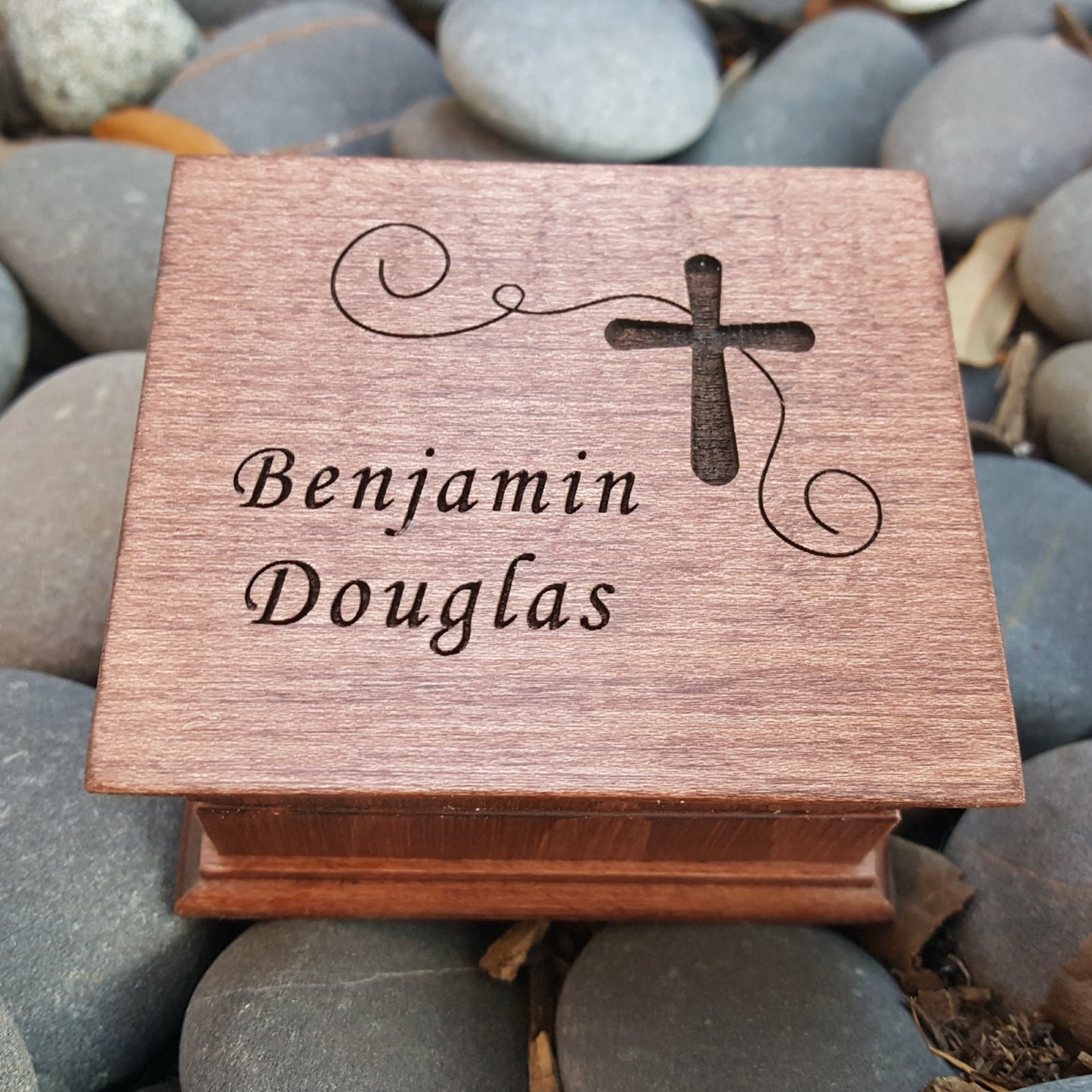 Christening Music Box custom engraved with name and a cross design on top, choose color and song