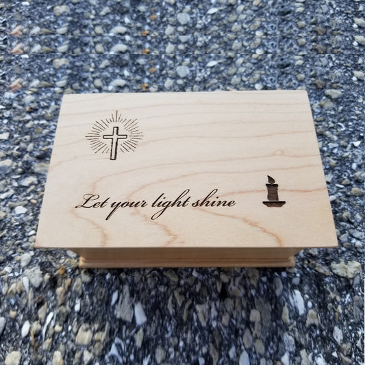 This little light of mine jewelry box with Let your light shine engraved on top with a cross design and a candle, choose color add personalized engraving