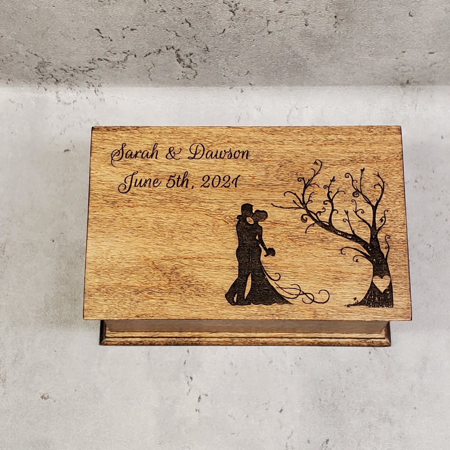 Personalized wedding music jewelry box with engraved names and date