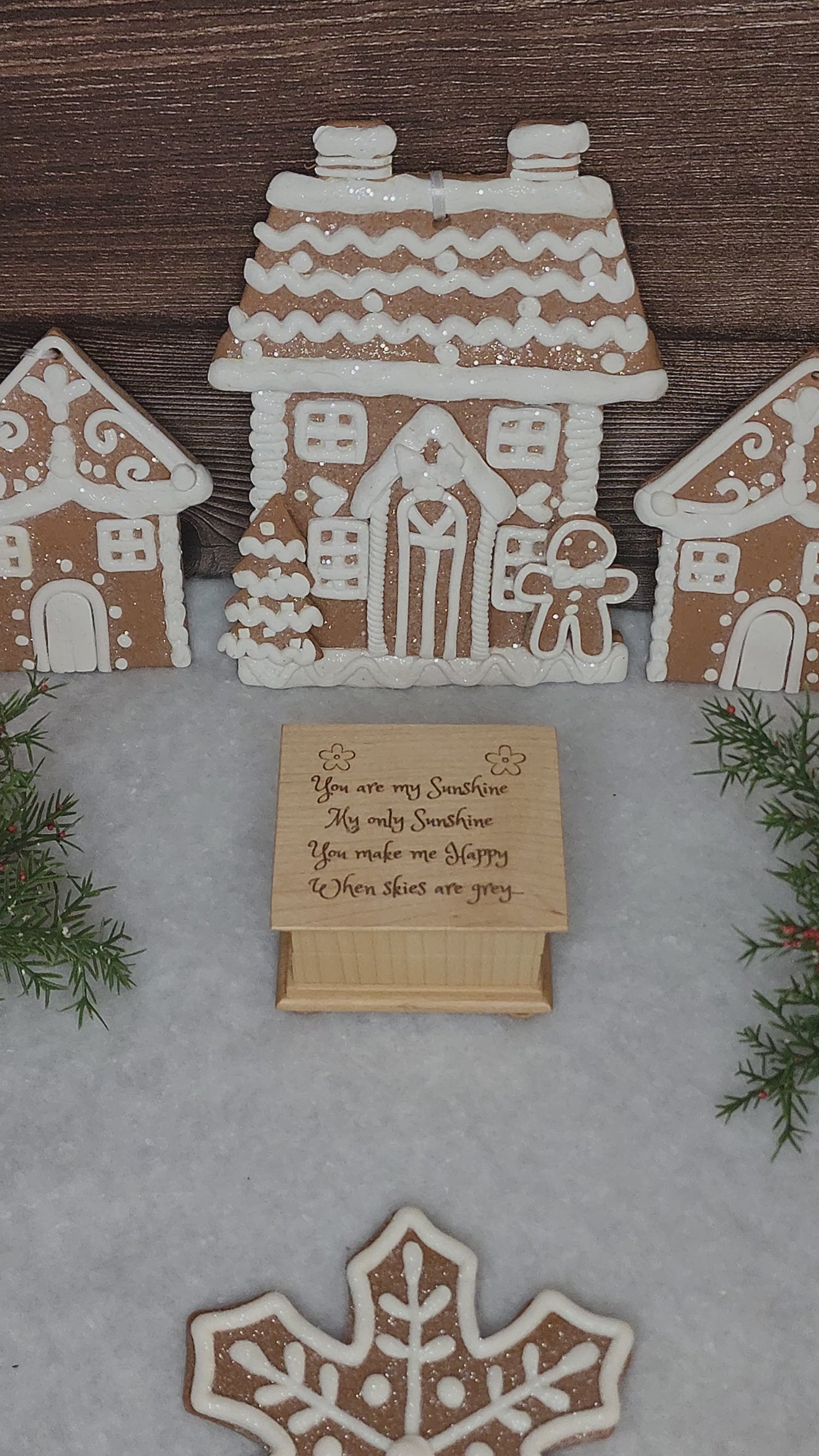 You are my sunshine music box in a gingerbread house and snow decorated setting