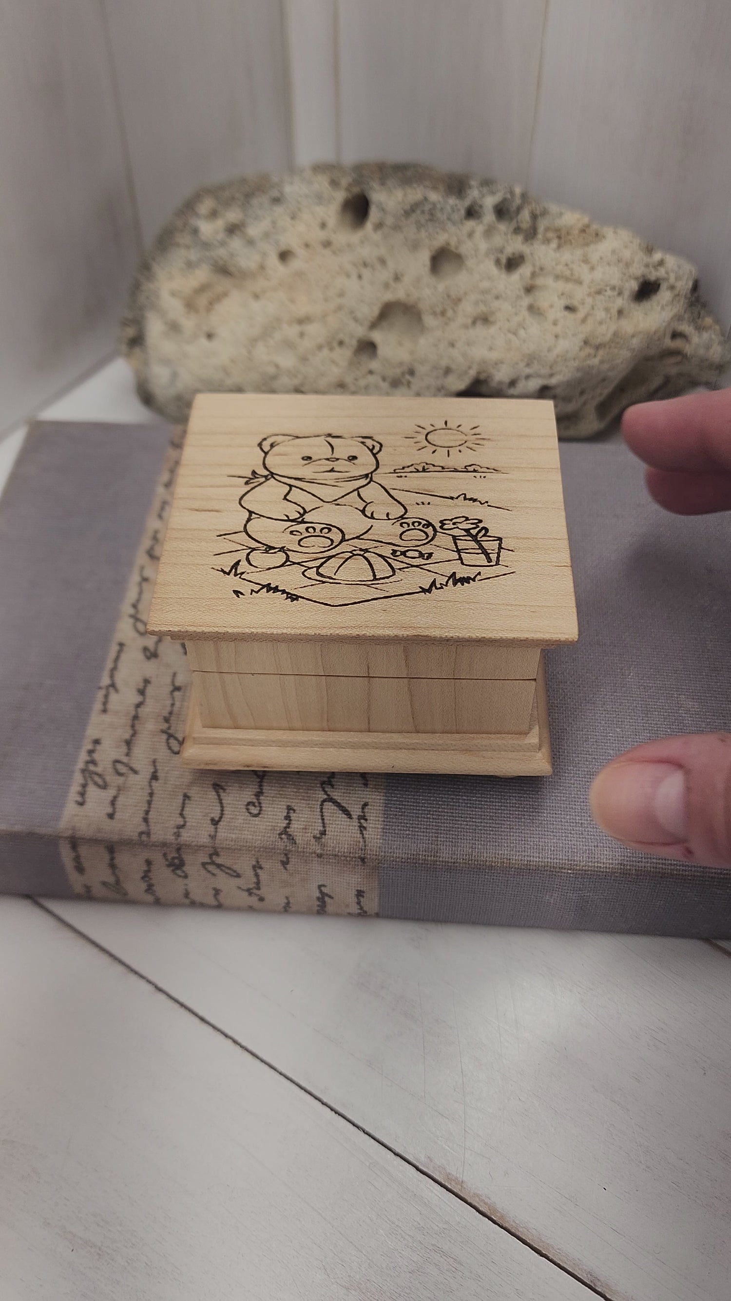 Small music box with Teddy Bear engraving playing the song Teddy Bear's Picnic custom-made by Simplycoolgifts